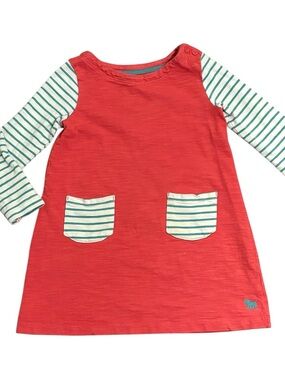 Mini Boden Coral Red Dress with Teal Striped Sleeves